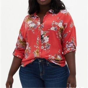 Torrid Button Front Drop Shoulder Red Floral Shirt NWT Size 3X (22-24)